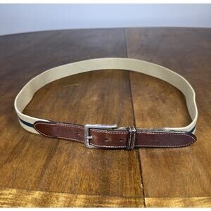 Brooks Brothers Leather Striped Canvas Belt & Brass Buckle Vintage USA Preppy